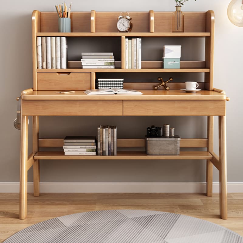 Ave Solid Wood Study Desk with Shelf and Drawers/Bookcase/Rubberwood/Pink