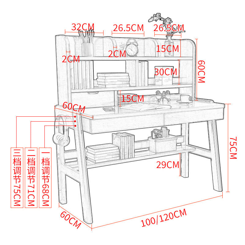 Ave Solid Wood Study Desk with Shelf and Drawers/Bookcase/Rubberwood