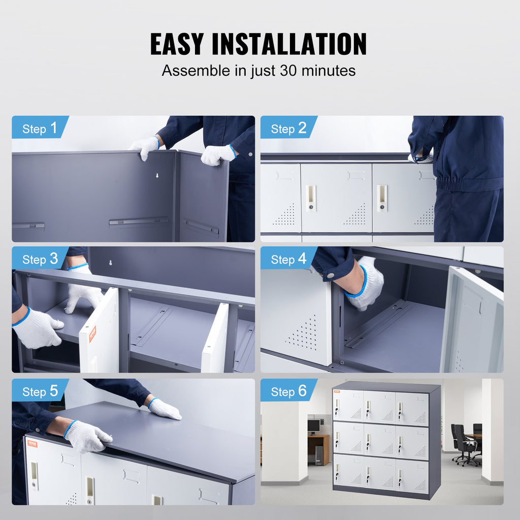 VEVOR 9 Doors Metal Storage Cabinet Employees Steel Storage Cabinet Office Gray